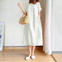 COD DSTGRTYTRUYUY Ready Stock M-4XL Summer Simple Literary Fan Loose Slim Cotton Dress Female Plus Size Mid-Length Dress