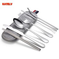 Portable Travel Cutlery Set Stainless Steel Camping Knife Fork Straw Flatware Set With Waterproof Bag Portable Picnic Tableware Flatware Sets