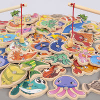 Montessori Wooden Magnetic Fishing Toys For Children Cartoon Marine Life Cognition Fish Games Education Parent-Child Interactive