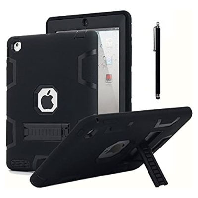 iPad 2 Case,iPad 3 Case,iPad 4 Case,AICase® Kickstand Shockproof Heavy Duty Rubber High Impact Resistant Rugged Hybrid Three Layer Armor Protective Case with Stylus for iPad 2/3/4 (Black)