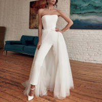 2022 Tulle Strapless Beach Jumpsuit Wedding Dress With Detachable Solid Party Clothing A-Line Backless Simple Bridal Gown Pants