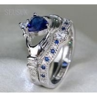 Sainless Steel Couple Rings Blue Dragon Pattern Band Claddagh White Gold Filled Sapphire Wedding Ring Set