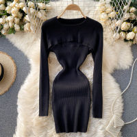 Foamlina Striped 2 Piece Set Women Fashion Streetwear Long Sleeve Knit Pullover Crop Top + Spaghetti Strap Bodycon Dress Suits