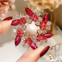 Brooches For Women S925 Imitation Pearls Red Cubic Zirconia Flower Scarf Pin Brooch Corsage Fine Jewelry Drop Shipping