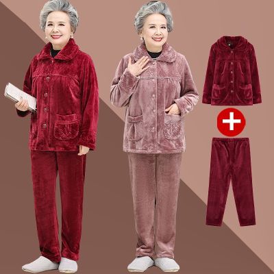 TOP☆■₪¤ The elderly pajamas women with velvet autumn/winter clothes flannel mother grandma leisurewear suit warm old woman