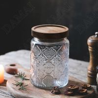 【LZ】✜☎  Jarra de armazenamento de vidro alívio flor esculpida com tampa de madeira pote de cristal de açúcar selagem dispensador de grão de chá utensílios de cozinha