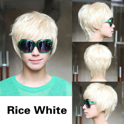 MUS Men Women วิกผมสั้นตรง Platinum Blonde Rice White Full Wigs