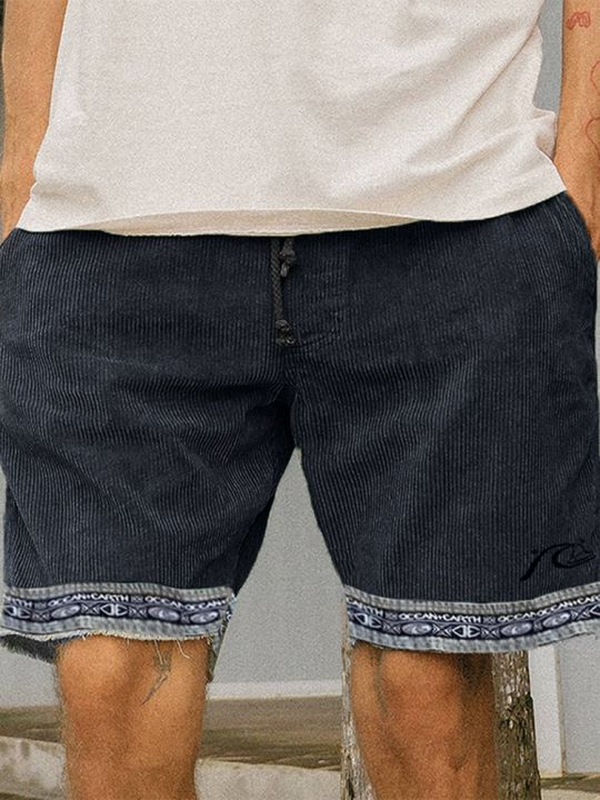 กางเกงผ้าลูกฟูกสำหรับผู้ชายกางเกงขาสั้นเล่นเซิร์ฟวิ่งชายหาดลำลองมีกระเป๋าสั้นฤดูร้อน