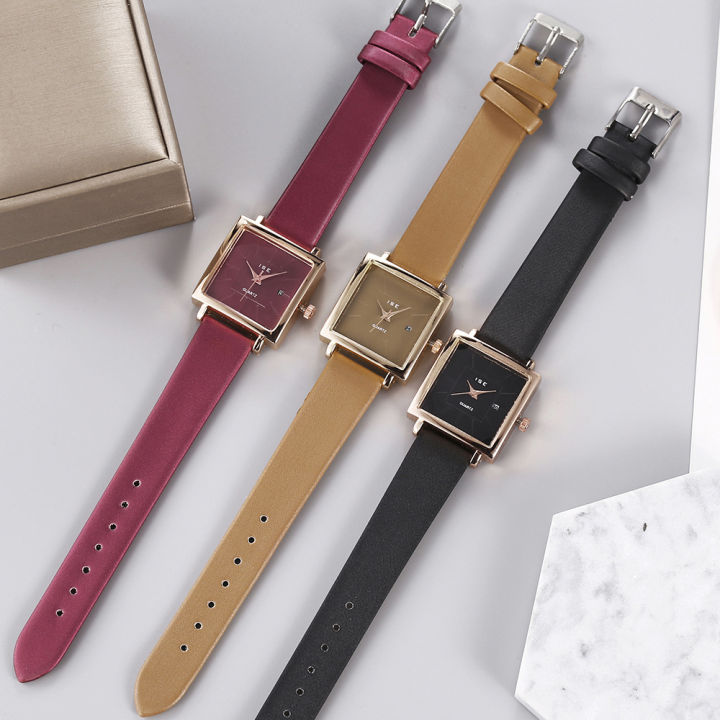 แฟชั่นใหม่คนสุทธิสีแดงสร้างสรรค์นาฬิกาแฟชั่นเกาหลีนาฬิกาสตรีนาฬิกาสแควร์ปฏิทินนาฬิกา