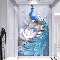 Custom Any Size Mural Wallpaper 3D Stereo Relief Blue Peacock Flowers Wall Painting Living Room Hotel Entrance Backdrop Wall 3 D
