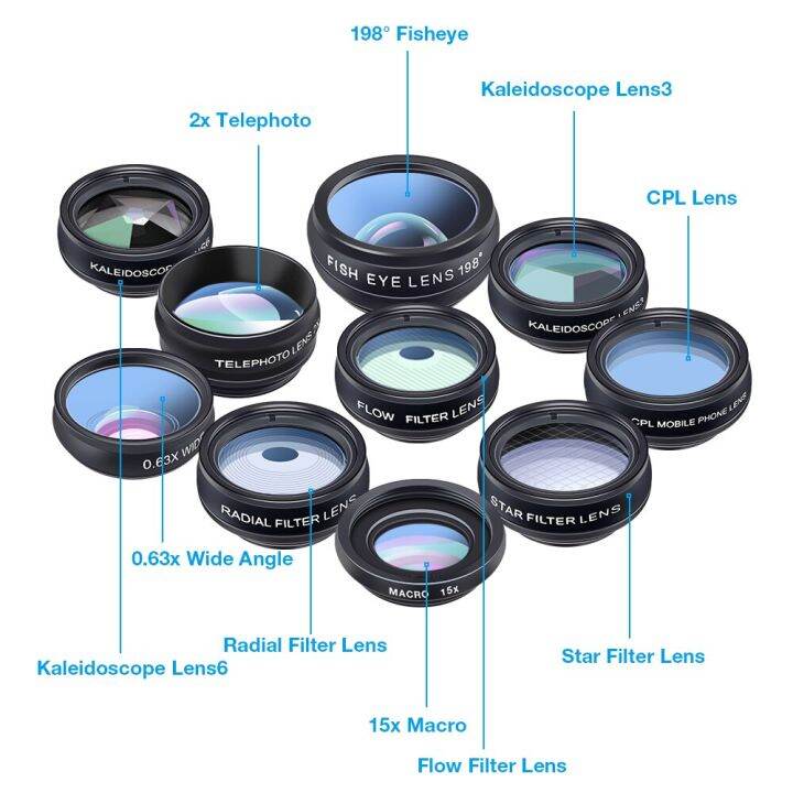 phone-lens-kit-universal-10-in-1-fisheye-wide-angle-macro-lens-cpl-filter-kaleidoscope-2x-telescope-lens-for-most-of-smartphones