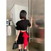 ✈□ Women French Black Dress Round Neck Short Sleeve Bow Dew Waist Vintage Casual Fashion High Waist Sexy Short Skirt Ladies Summer