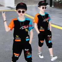 2023 Summer teenager Boys Sports Suit Letter T Shirt + hip hop shorts Pants Kids Clothes Tracksuit 4 5 6 7 8 9 10 11 12 Years