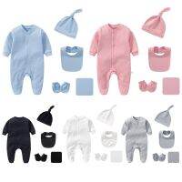 5 Pcs Baby Long Sleeves Romper Bib Gloves Hat Towel Clothes Set Pure Cotton Newborn Crawling Jumpsuit with Mittens for 0-3M Baby