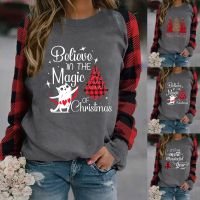 Women Christmas Winter Crewneck Sweatshirt Lightweight Plaid Stitching Long-Sleeved Sweater Top Blouse crop top t shirt Polyester Tees Women Fall Tees for Women