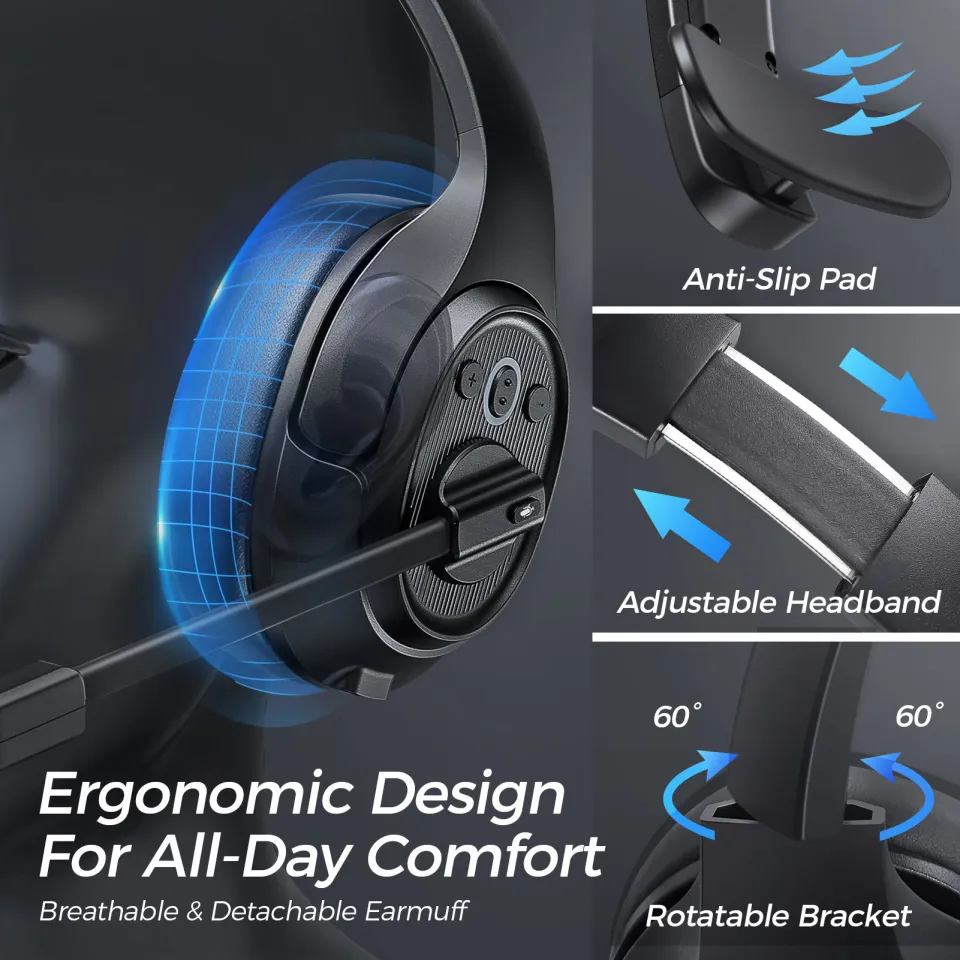EKSA Noise Cancelling Trucker Bluetooth Headset with Microphone Wireless  AI-Powered ENC Headphones, 99ft Long Range, 30H of Talk Time, All-Day  Comfort
