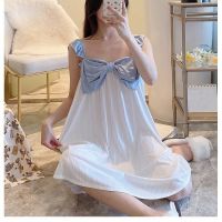 【 WYIN kitchen】 Summer 2023 Women Bow Print Sleepwear Dress Cute Kawaii Pajamas Milk Silk Knee-length Sleep Robe Sleeveless Nightgown Loungewear