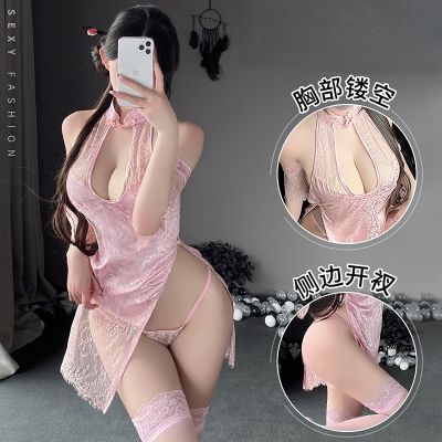 Sexy Deep V Mesh Cheongsam Lingerie Women Chemise Sleepwear Chinese Style Lace Hollow Out Qipao Erotic Chi-Pao Temptation Dress