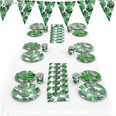 ❍✒ Hawaiian Turtle Leaf Summer Disposable Tableware Tropic Green Paper Plates Cups Hawaii Supplies Wedding Birthday Safari Jungle