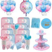 ☁♧☌ Boy Or Girl Party Supplies He Or She Gender Reveal Theme Disposable Party Plates Tableware Set Balloon Decoration Baby Shower