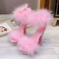 2021 New 4 Color Feather Thick High Heels Platform Sandals Women 14cm 17cm Heels Shoes Female Summer Hair Wedding Pumps Shoes