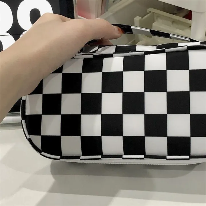 simple-large-capacity-black-and-white-plaid-pencil-case-portable-canvas-material-pencil-bag-school-office-supplies-stationery