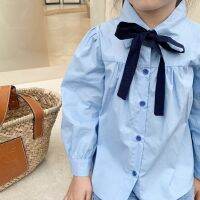 2021 Hot Sale New Autumn Baby Girls 2-pcs Sets Blue Long Putt Sleeves Bow Tie Shirts + Micro Flared Jeans Newborn Clothes E14