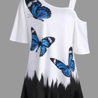 hang qiao shop Summer Womens Fashion Butterfly Print loose Tunic T-shirt