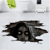 2Pcs Self Adhesive Halloween Decorative 3D View Wall Bbreaking Long Haired Woman Head Without Eyes Wall Stickers For Floor