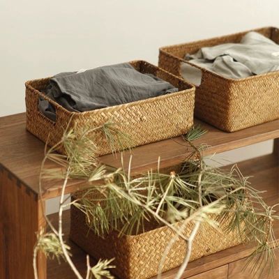 [ELEGANT] LuanQI Seagrass ทอหวาย Bakset หวายตะกร้าปิกนิกหวายตะกร้าเก็บ Handmade Organizer กล่อง Handle Home Decor
