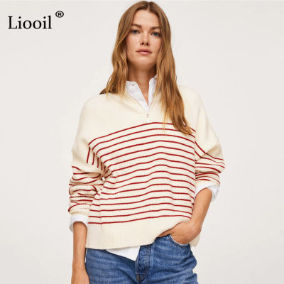 Black And White Stripe Baggy Sweater Sexy Zip Up Tops Women Pullover Female Jumper Streetwear Knitwear Sweaters And Pullovers