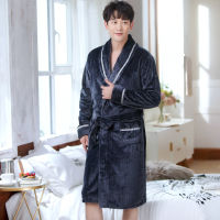 Men Casual Kimono Bathrobe Autumn Winter Flannel Long Robe Thicken Warm Sleepwear Bath Robe Nightgown Male Casual Home Wear