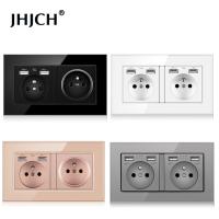 [HOT GELLXKOWOIGHIO 527] JHJCH Grounded Wall Power Socket 16A ปลั๊กฝรั่งเศสพร้อมแผ่นซ็อกเก็ต USB 146แผงกระจกไฟ LED ซ่อน