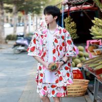 【Ready】? ns suit clot a complete set of summer sports ice silk Hawaiian short-sed flower men