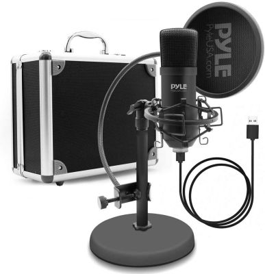 Pyle USB Microphone Podcast Recording Kit - Audio Cardioid Condenser Mic w/ Desktop Stand and Pop Filter - For Gaming PS4, Streaming, Podcasting, Studio, Youtube, Works w/ Windows Mac PC - PDMIKT100