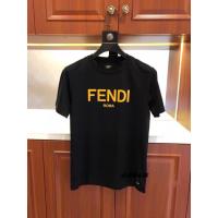 FENDI เสื้อยืดผู้ชายแขนสั้นพิมพ์ลาย Logo Huruf คลาสสิกแบบลำลองสำหรับคอกลม