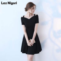 Laz Nigori M-4XL สำหรับผู้หญิงกระโปรงพริ้วเปิดไหล่คอวีแขนสั้นสีดำสำหรับฤดูร้อนของกระโปรงชุดเดรส