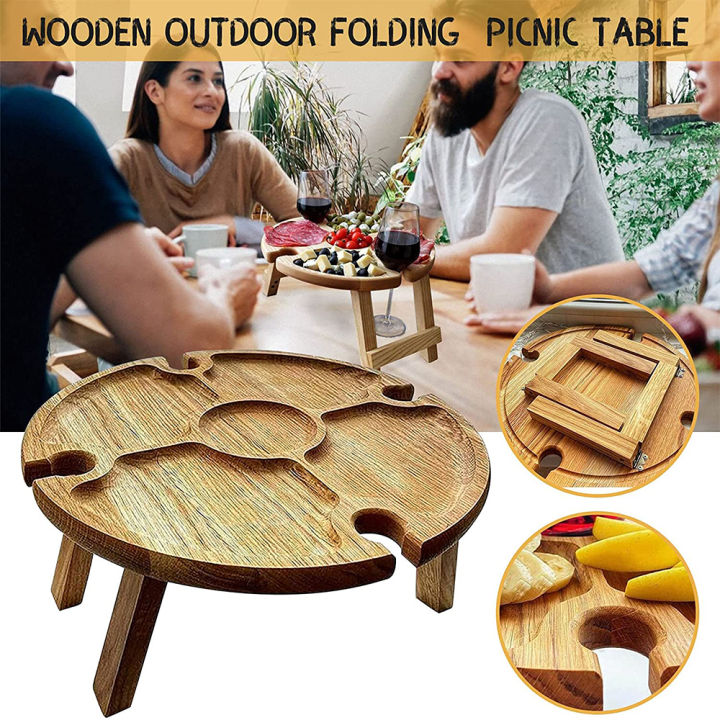 2021Wooden Outdoor Folding Picnic Table With Glass Holder Round Foldable Desk Wine Glass Rack Collapsible Table for Garden Party
