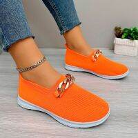 Summer New Women Flat Mesh Slip on Chain Loafers Commuter Causal Walking Ladies Shoes Breathable Orange Sneakers Zapatos Mujer