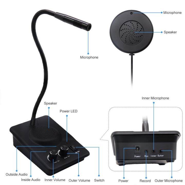 จัดส่ง1-2วัน-daytech-ไมโครโฟนอินเตอร์ติดหน้าต่างอินเตอร์โฟนภายในเคาน์เตอร์ลำโพงสําหรับธนาคาร-สถานีขนส่ง-us-plug-wi07