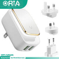 Oria อะแดปเตอร์เพื่อการเดินทาง 2 USB ปลั้กพอร์ต,12 W 2.4A เครื่องชาร์จติดผนัง LED TOUCH ไฟกลางคืน, 3/UK/AU/EU ปลั๊กสำหรับสมาร์ทโฟนอื่นๆกล้องดิจิตอลแท็บเล็ต PC ฯลฯ