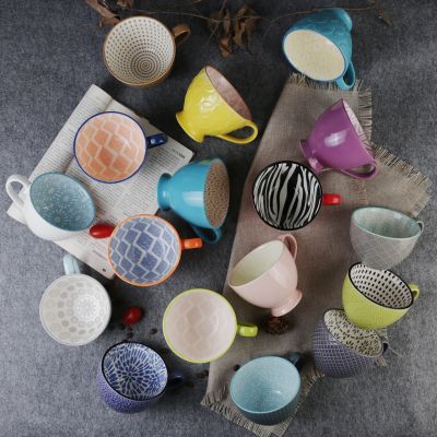 hotx【DT】 Ceramics CupCreative Cup Mug Large Capacity Color Glaze Embossed Soup