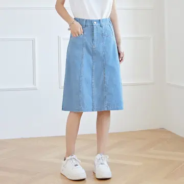 Elastic waist shop denim midi skirt