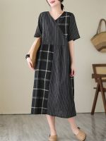 Women Summer Casual Dress New Arrival 2023 Vintage Style V-neck Striped Loose Cotton Female A-line Long Dresses