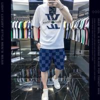 【hot seller】 2023 European fashion mens casual suit five-point flower two-piece summer short-sleeved t-shirt trendy brand