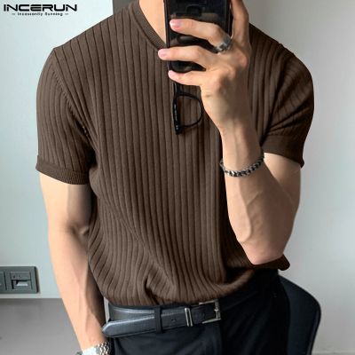INCERUN เสื้อถักแขนสั้นสำหรับผู้ชายเสื้อยืดคอกลมเสื้อยืดสีพื้น Holliday (สไตล์เกาหลี)