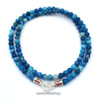 STONE NECKLACE สร้อยคอหินแท้ หินอาเกตสีฟ้า blue agate ขนาด 5 มม. ตะขอเงินลงยา by siamonlineshop