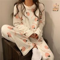 【JH】Women Winter Flannel Pajama Set Fleece Pyjamas Sleepwear Homewear Strip Kawaii Print Warm Velvet Female Suit Ladies Pijama Set