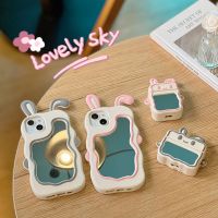 เคสโทรศัพท์ซิลิโคนเหลวทรงหูกระต่ายพร้อมกระจก,รองรับ iPhone 7 8, X, XS, XR, 11, 12, 13, 14ซีรีส์