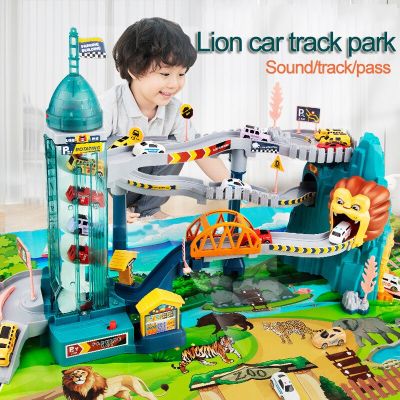 Animal Lion Electric Rail Car Dinosaur Curved Road Track Rail Car Puzzle Toys Adventure Winding Road Drive Toys for Children Die-Cast Vehicles
